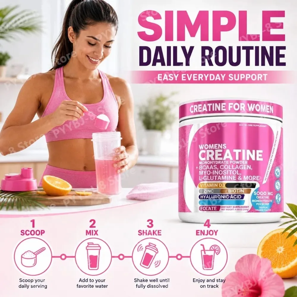 Créatine monohydrate en poudre pour femmes, 5000 mg, BCAA, multi-collagène, biotine, vitamine D3, orange tropicale, nutrition sportive, 30 portions — image 5