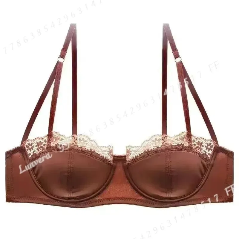 Sexy Satin Half Cup Bra Set with Steel Ring Thin Comfortable Upper Support Green Lace Edge Glossy Lingerie for Women — image 6