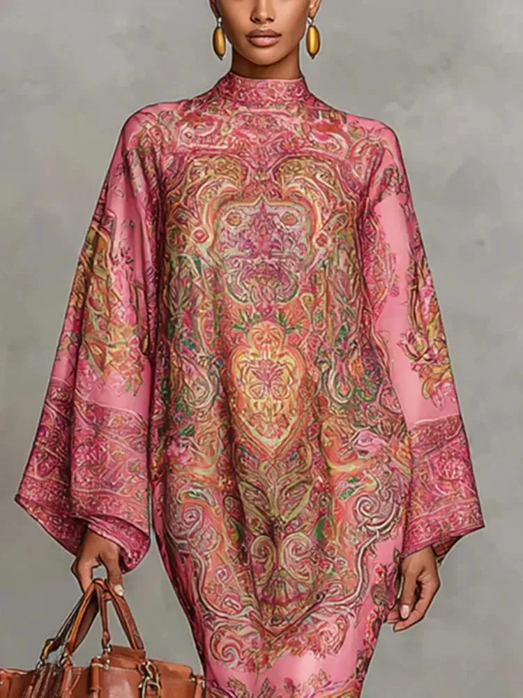 Women's Vintage Elegant Printed High Neck Kaftan Dress Long Sleeves Loose Elegant Evening Midi Dresses Robe 2026 New — image 1