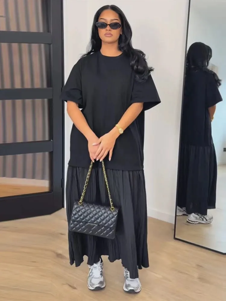 Fashion Patchwork Women Short Sleeve Dresses Casual O Neck Loose Female Solid Midi Dress 2026 Spring New Lady Long Robe Street — image 6