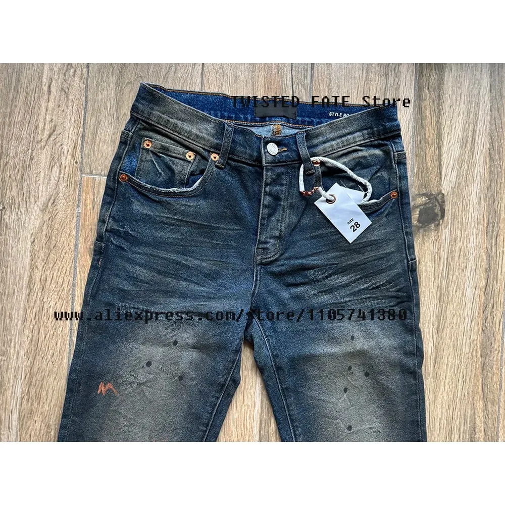 Men's American High Street Distressed Dirty Washed Indigo Spray Painted Stretch Skinny & Slim Fit Graffiti Streetwear Jeans — image 4