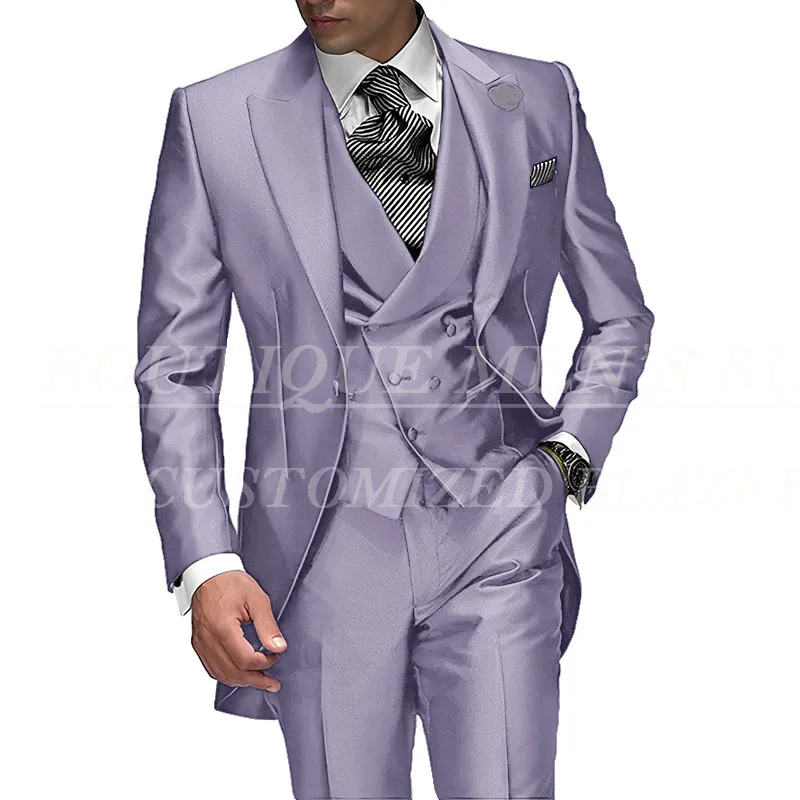 2026 Best Selling Peak Lapel Single Breasted Men Wedding Suits Purple Groom Tuxedo For Men Prom Suits Groomsman Jacket+Pant+Vest — image 3