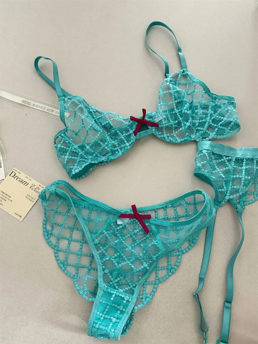 Ensemble de lingerie trois pièces bleu sirène, sous-vêtements fins à gros seins, soutien-gorge sexy en dentelle, soutien-gorge romantique respirant avec sous-vêtement — image 5