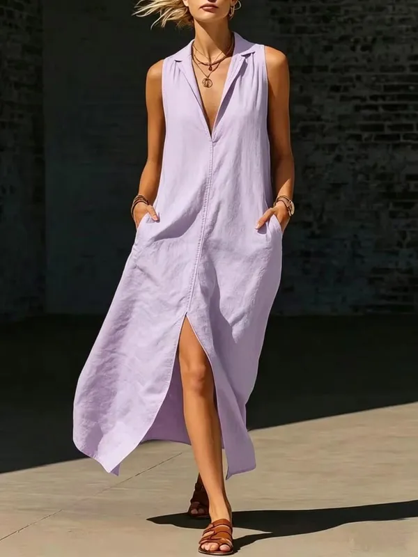 Casual Lapel Loose Sleeveless Maxi Dresses For Women Summer Tank Split Beach Long Dress Solid Colors With Pockets 2026 Sundress