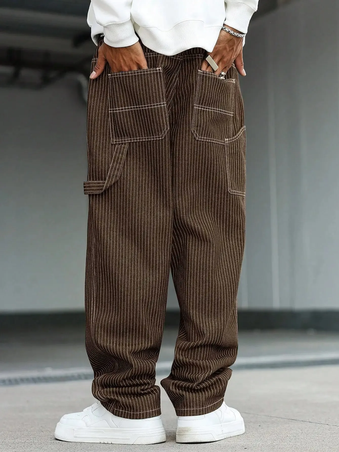 Men's vintage brown-and-white thin pinstripe loose wide-leg denim trousers Y2K workwear street-style unisex casual jeans — image 4