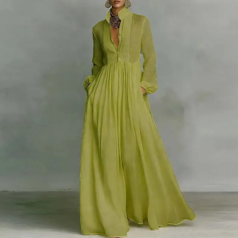 French Elegant High Waist Swing Long Dress Woman Spring Solid Pockets Pleated Maxi Dress Autumn Long Sleeve Button Evening Dress — image 4