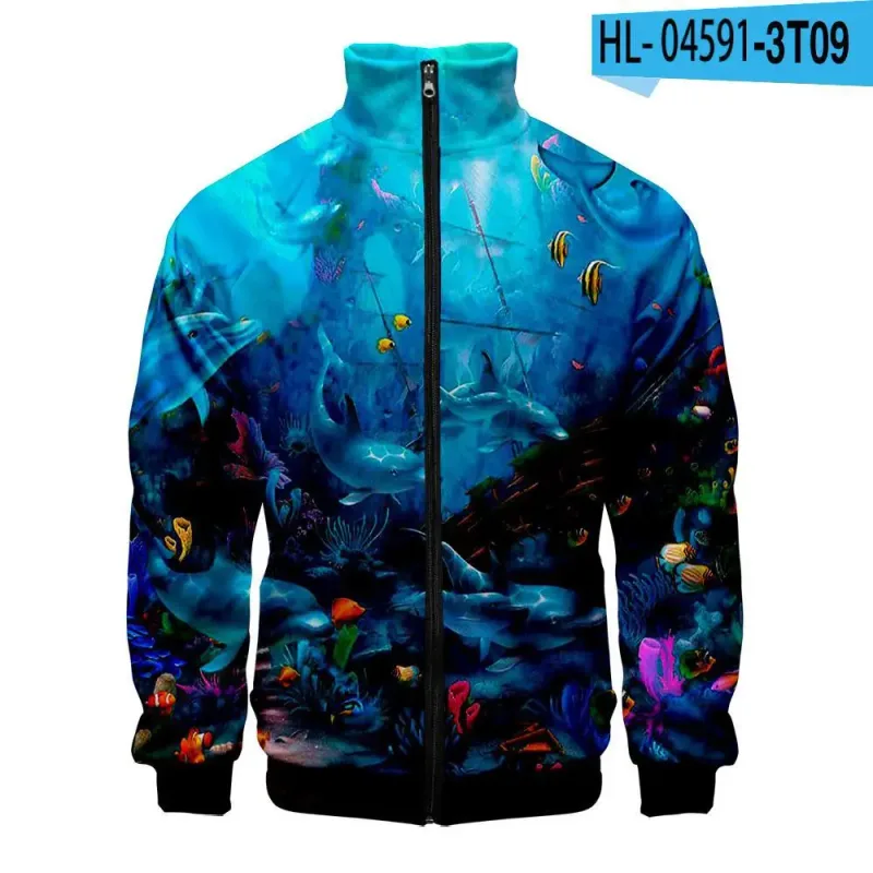 Harajuku Popular Novelty dolphin 3D Print Zipper Raglan Jacket Windbreaker Boys/Girls Comfortable Stand Collar Jackets Coats