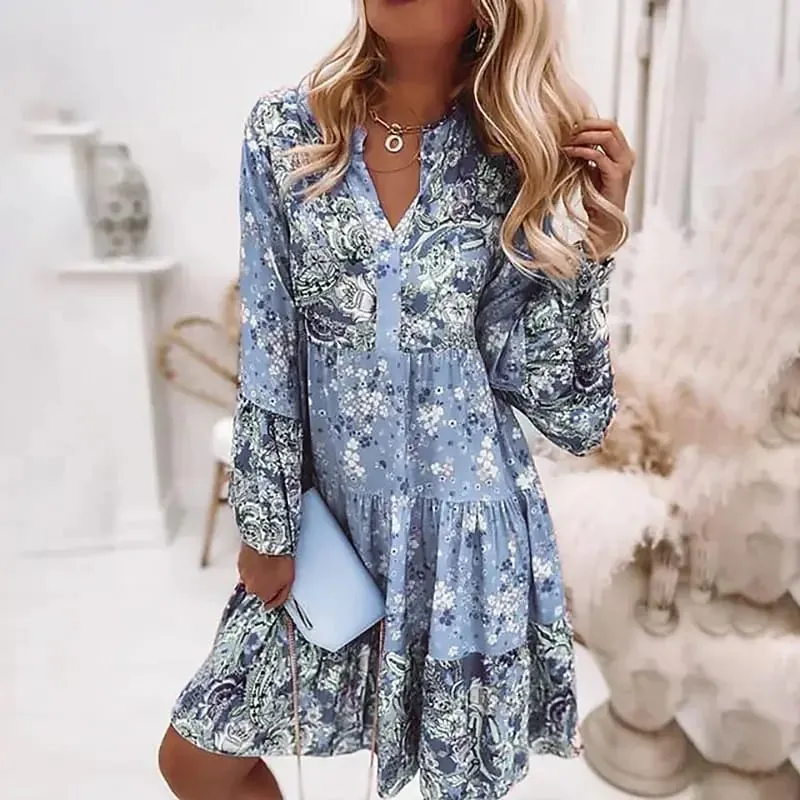 Spring Mini Dresses For Women Summer New Casual Loose Long Sleeve V-Neck Beach Sundress Ladies Short Party Dress — image 4