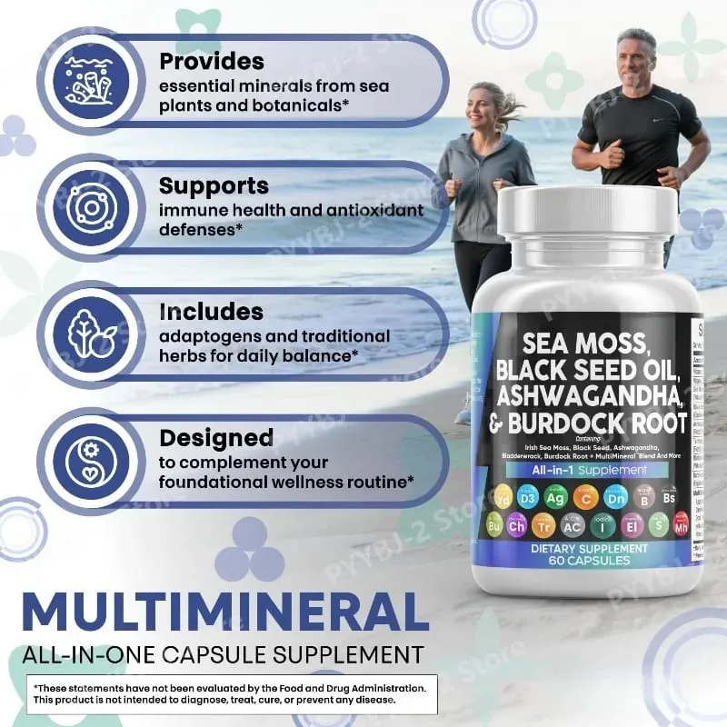 Sea Moss Capsules Contain Black Seed Turmeric & Vitamin D Plant-Based Daily Mineral All in One Supplement 60 Count Per Bottle — image 4