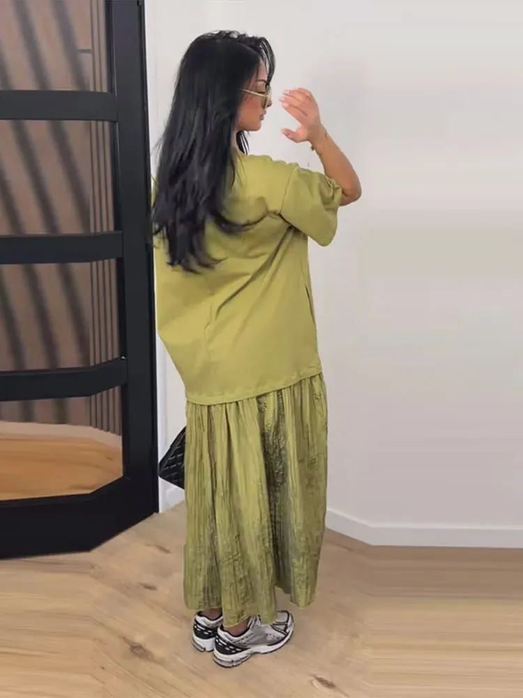 Short Sleeve Patchwork Oversized Long Dress Women Elegant O-neck Pleated Loose Party Evening Dresses Summer Casual Lady Vestidos — image 5