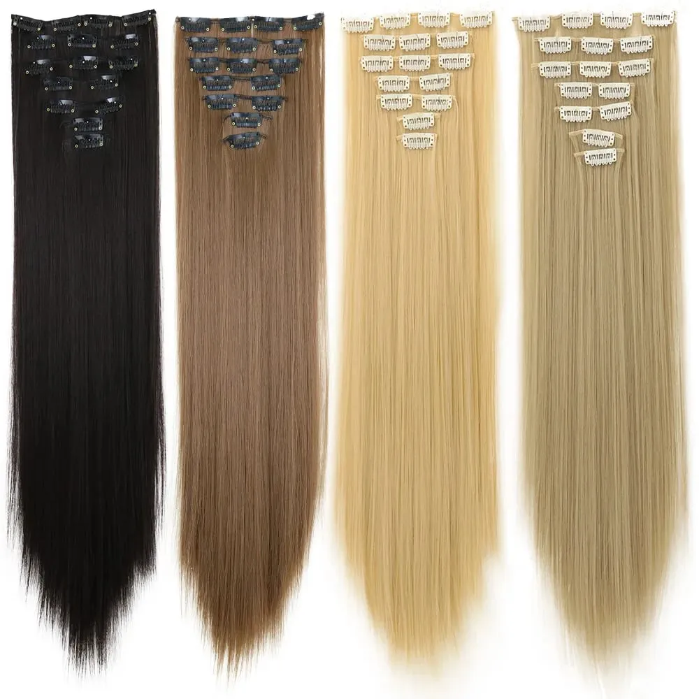 7Pcs 16 Clips Clip In Hair Extensions 150g Long Straight Synthetic Hair Pieces For Women Natural Black Brown Highlight Blonde — image 4