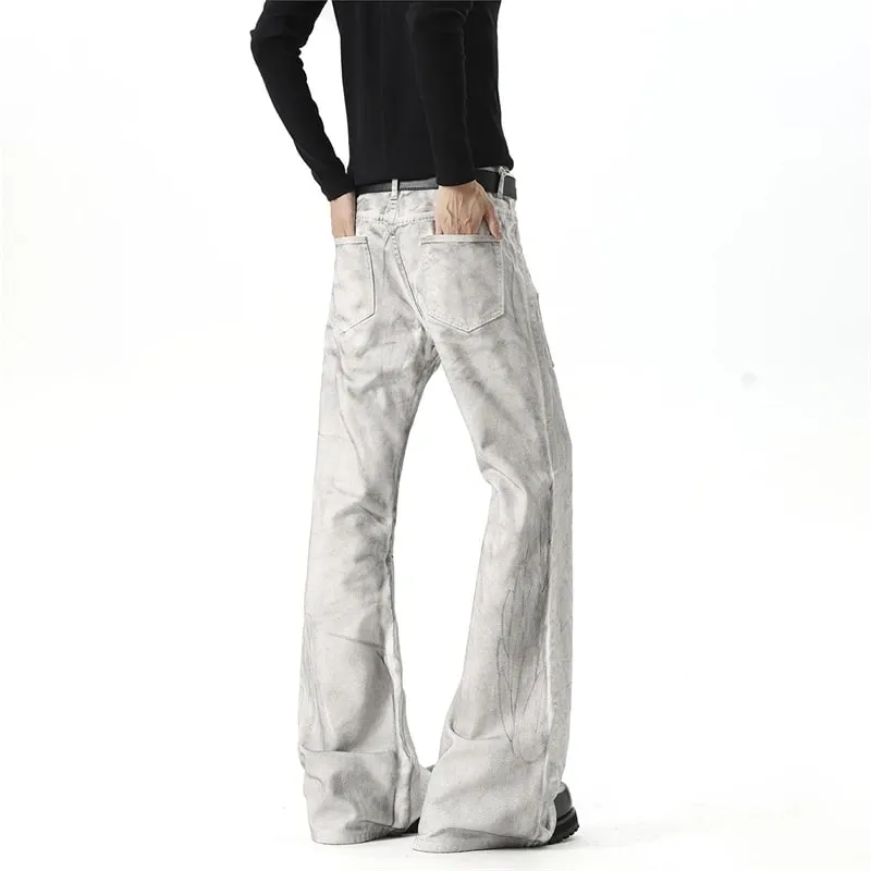 Men White‑Grey Washed Flare Jeans Embossed Pattern Rivet Decor Loose Floor‑Length Y2K Streetwear Denim Trousers 9X4397 — image 5