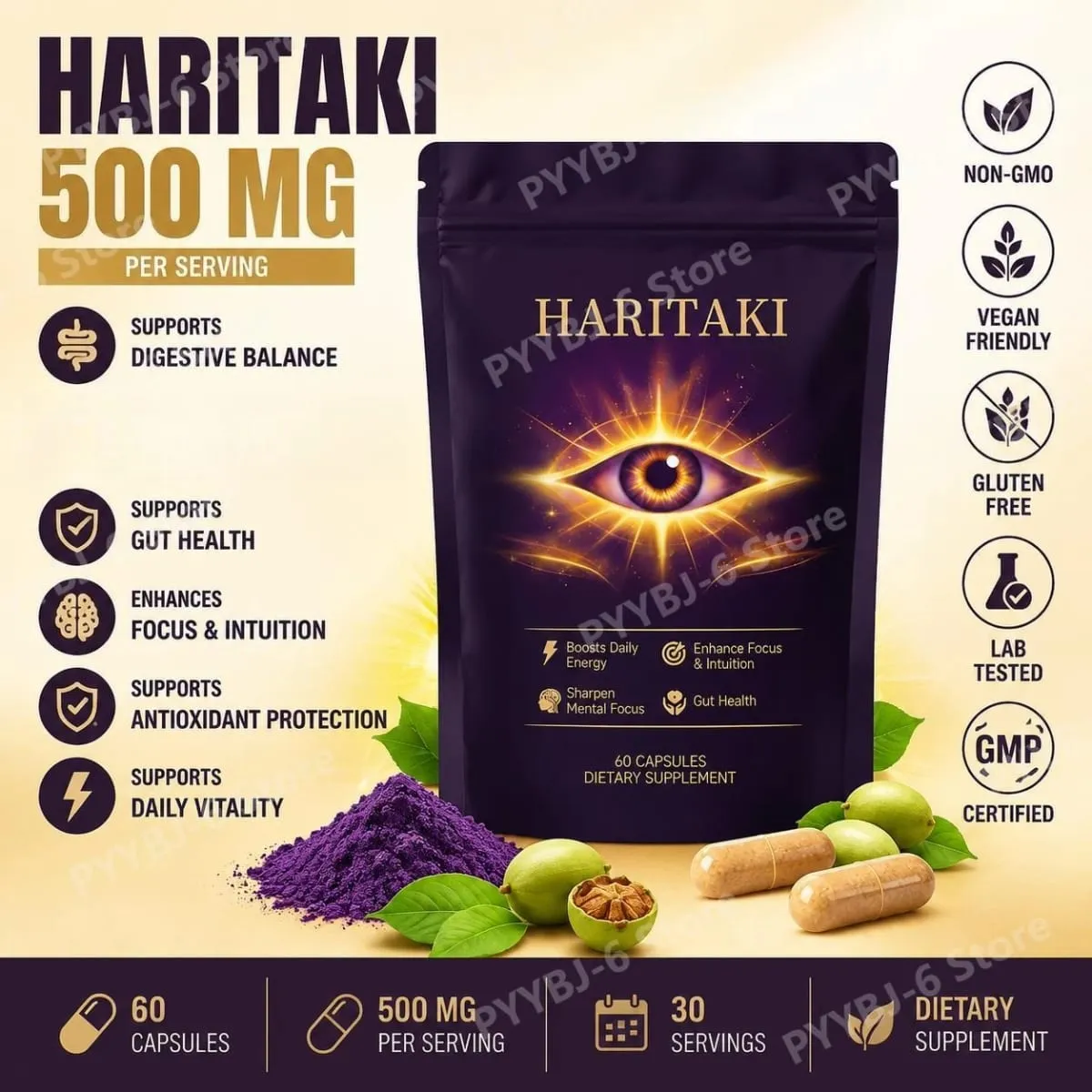 Haritaki Fruit Powder Capsules 500mg Digestive Balance and Gut Health Support Daily Wellness Formula 60 Capsules — image 1