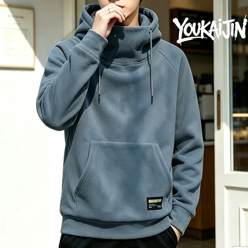 Men's Polar Fleece Sweatshirt Solid Color Street Style Autumn Winter Hood Sports Windproof Oversized High Collar Hoodie 5XL — image 3