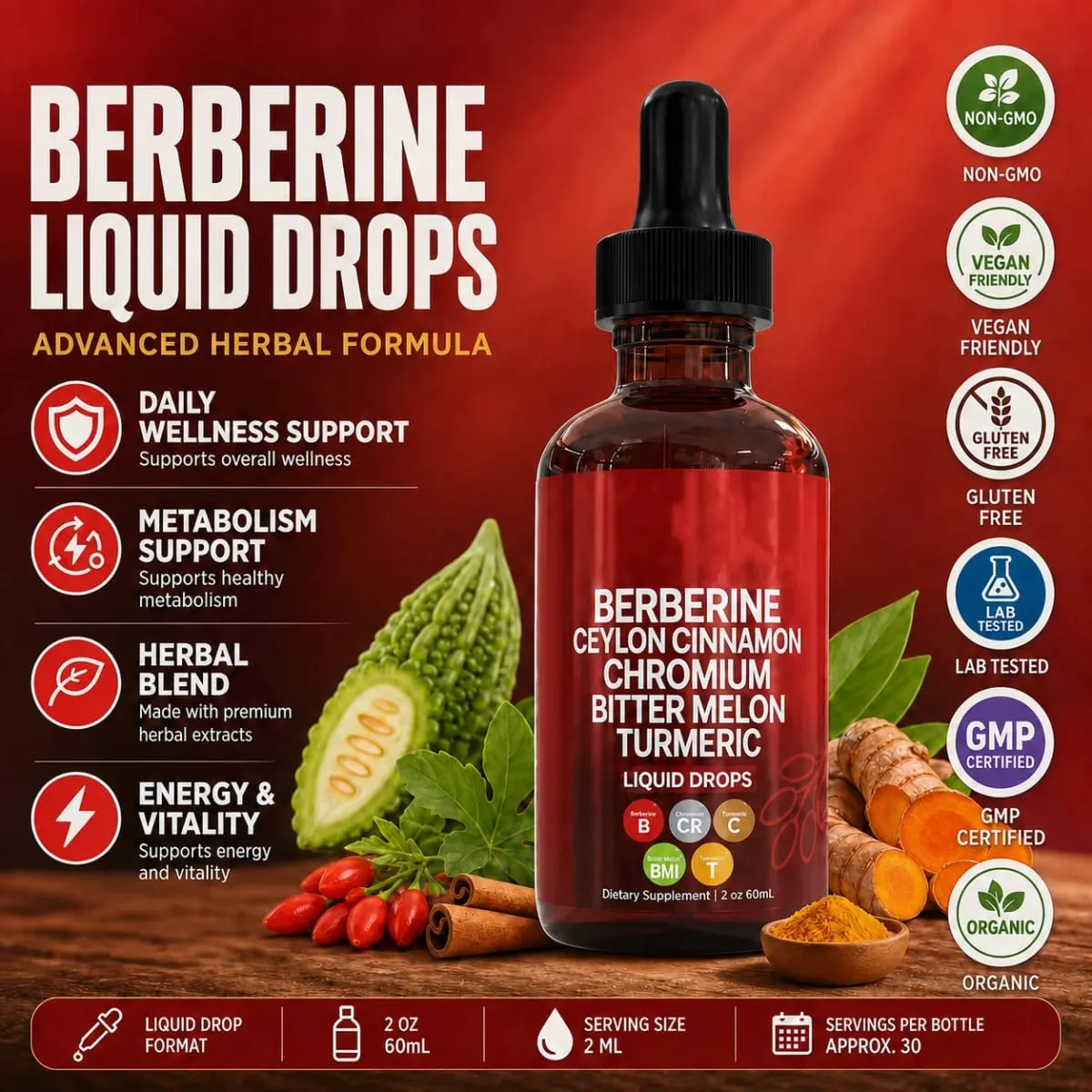 Berberine HCl & Ceylon Cinnamon Liquid Drops with Chromium and Turmeric for Energy Vitality & Metabolism Support 60 mL — image 1