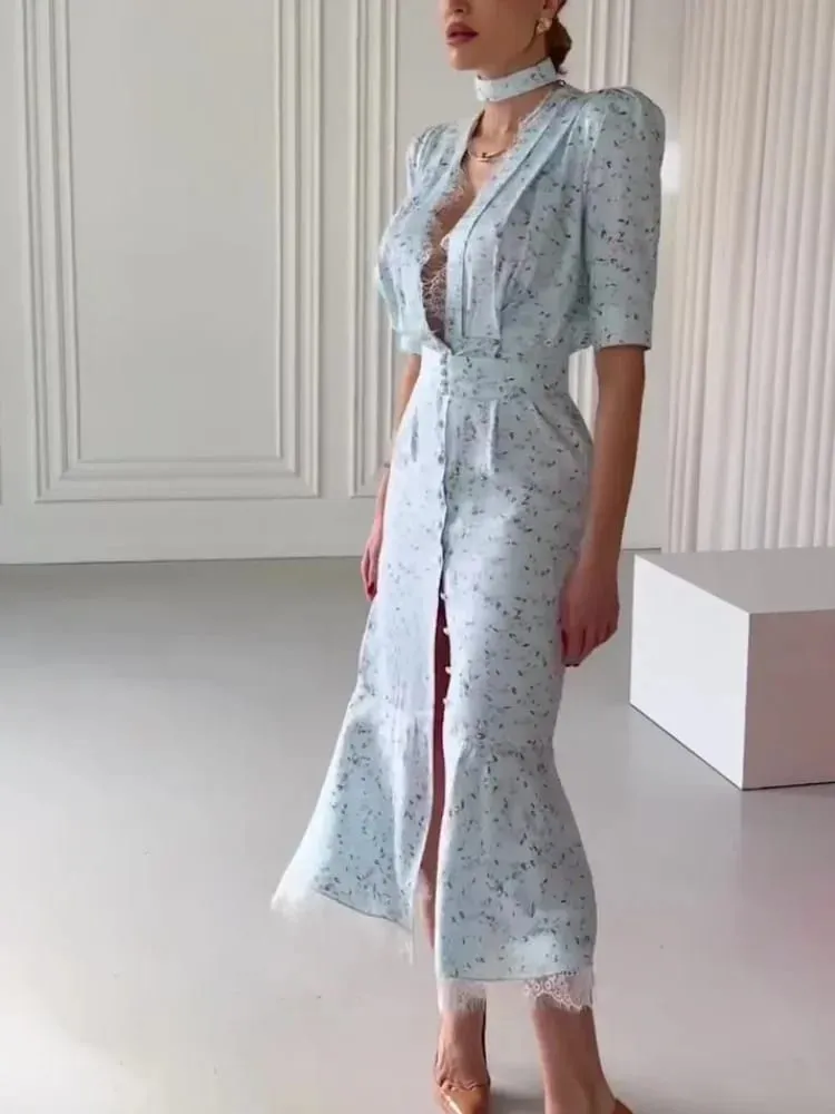 Deep V Neck Lace Trimmed Printed Dress Women Light Blue Tie Front Button Up Short Sleeve Robe Summer Lady Party Dresses 2026 — image 4