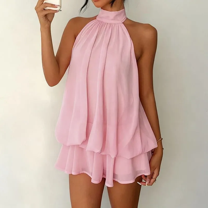 French Style Solid Color Halter Dress Women Sleeveless Off Shoulder Backless A Line Mini Dress Spicy Girl Beach Vacation Dresses — image 12