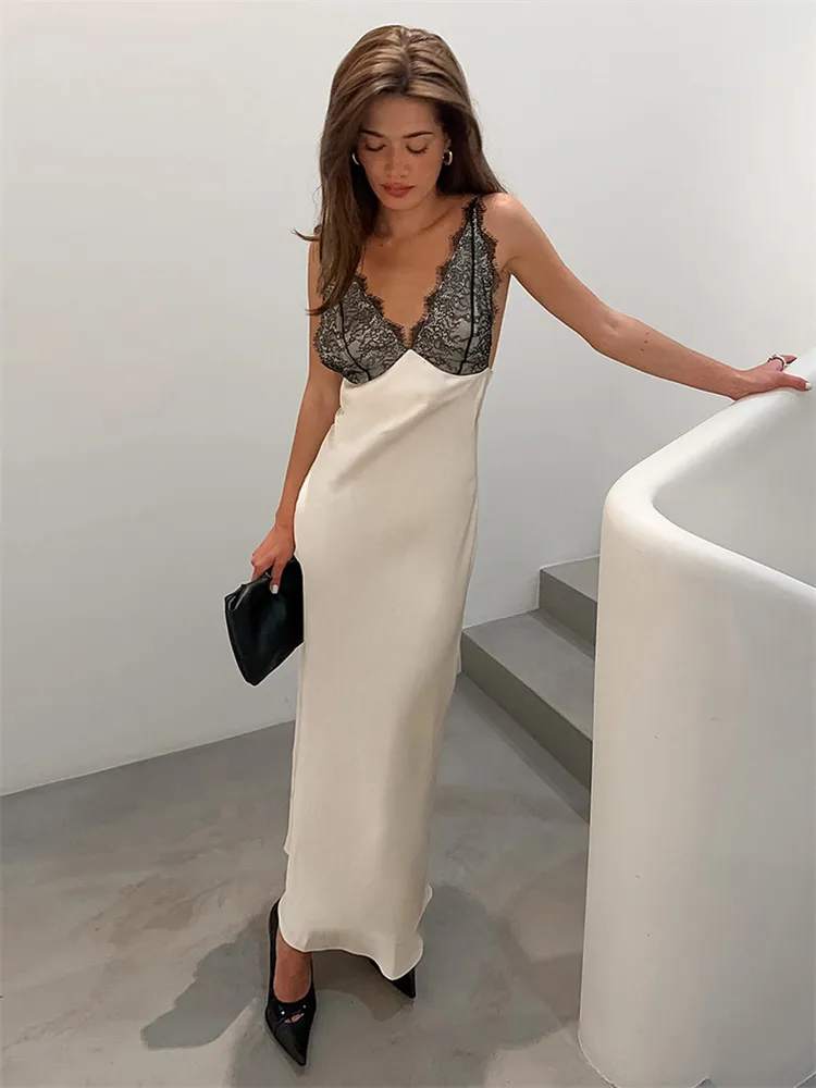 Tossy Lace V-Neck Printed Long Dress Women's Patchwork High Waist Slim Backless Summer 2026 New Dress Female Party Dress Gown — image 4