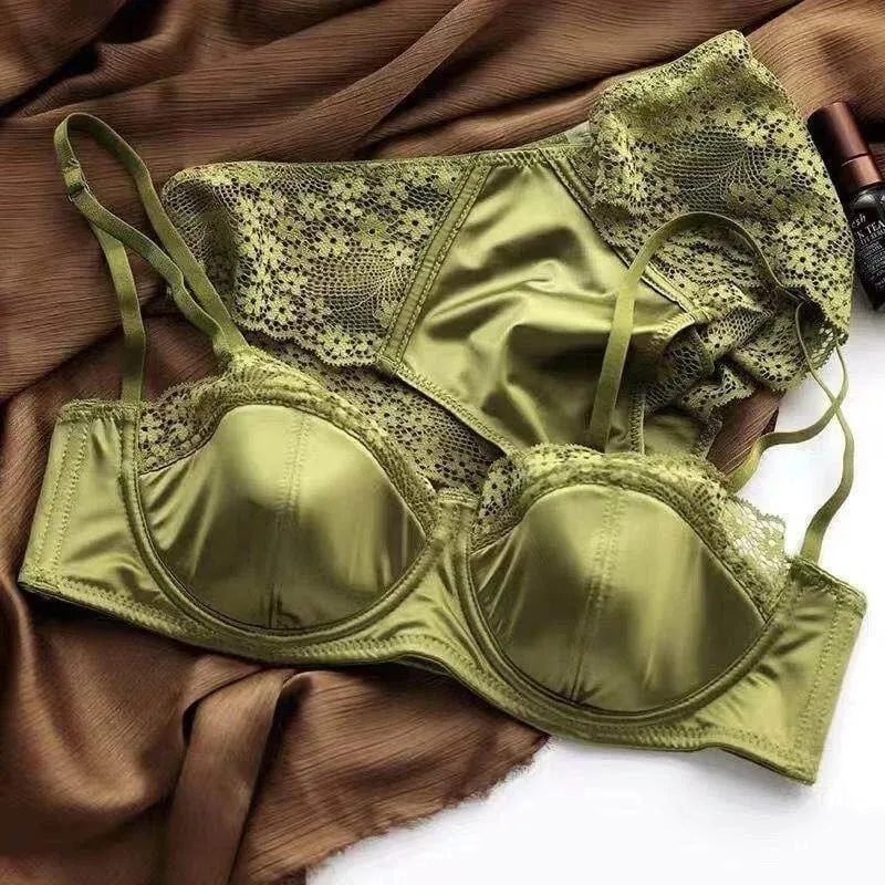 European -American sexy satin half cup comfortable upper support underwear set thin with steel ring green lace edge glossy bra — image 1