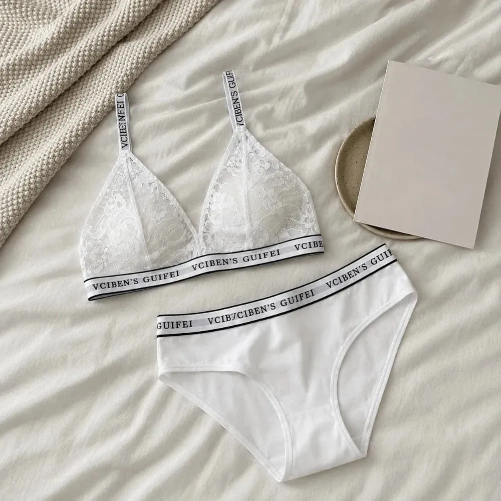 Breathable Letter Design Lingerie Set Deep V Lace Women Underwear Suit Color Blocking Wireless Bra Panties Set Famle — image 2