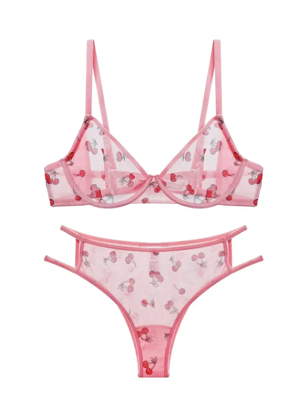 Pink Cherry Lace Bras Set with Mesh Overlay Lingerie Birefs Suit Lightweight Plus Size Underwear Sexy Lace Adjustable Bra Sets