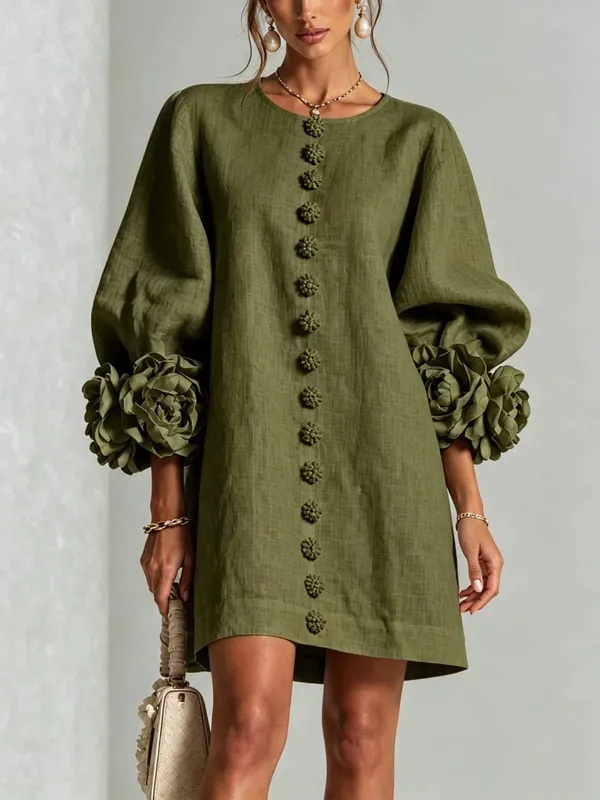 Women Spring Autumn 3D Flower Long Lantern Sleeve Cotton Linen Mini Dress Solid Crew Neck Loose Elegant Daily Wear Short Dress — image 12