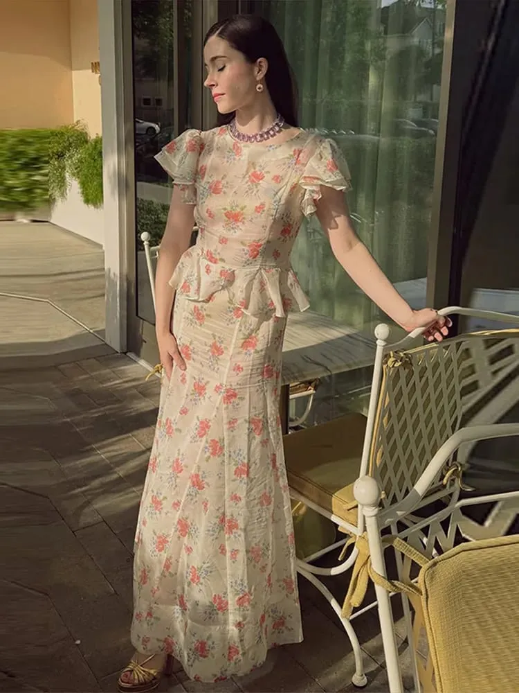 Floral Print Lace Trim Flutter Sleeve Maxi Dress Deep V-Neck High-Low Chiffon 2026 Summer Chic Romantic Women Feminine Gown — image 6