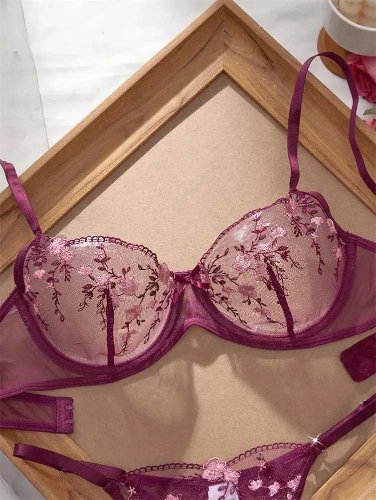 Romantic Women's Underwear Ultra Thin Floral Embroidery Sexy Lingerie See Through Pure Desire Lingerie Set Push Up Sexy Bras — image 4