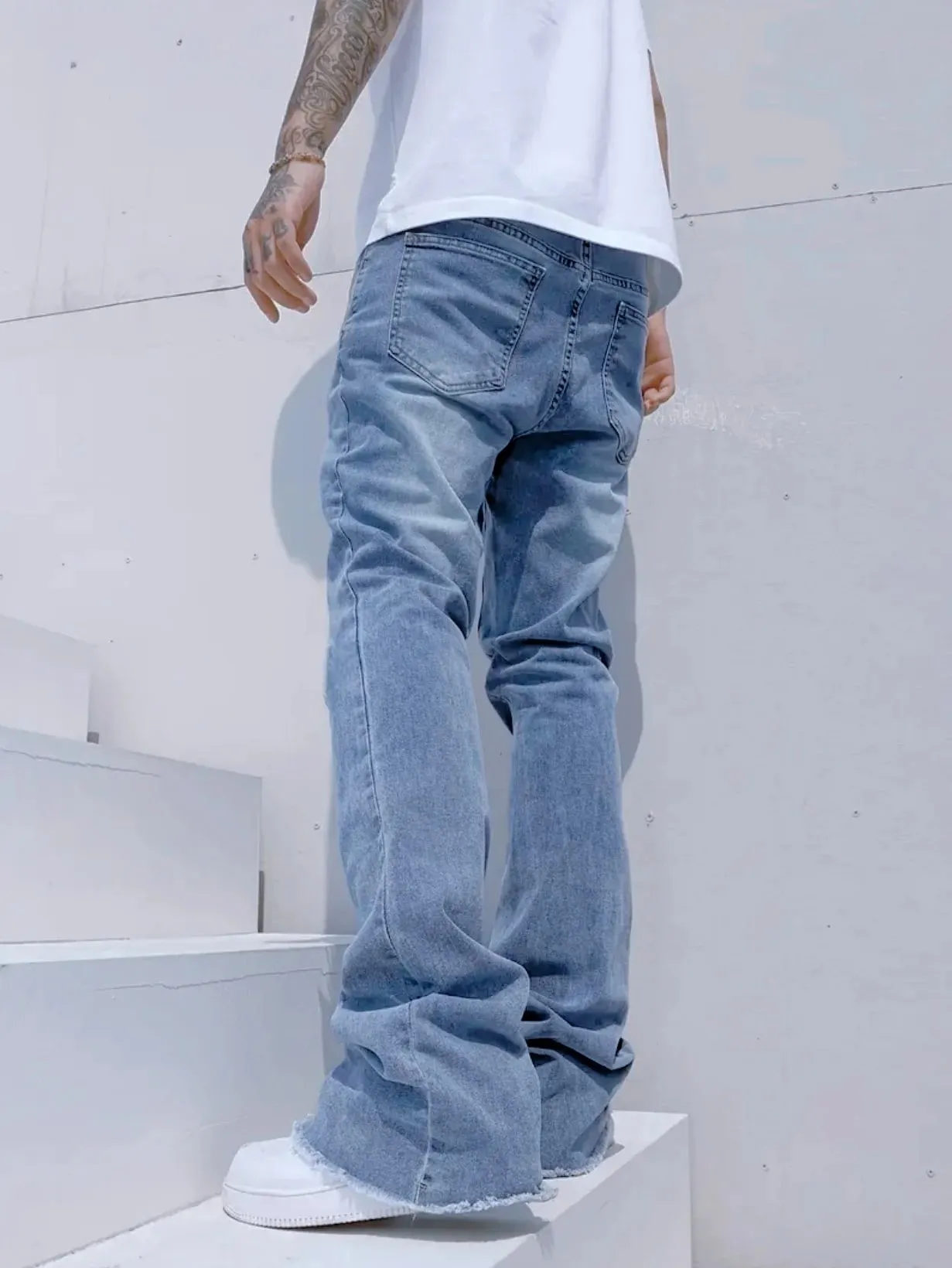 Slim Straight Jeans Men Sky Blue Fringe Cuff Detail Jeans Classic Mid Waist Solid Tone All Season Long Pants Urban Daily Stylish — image 2