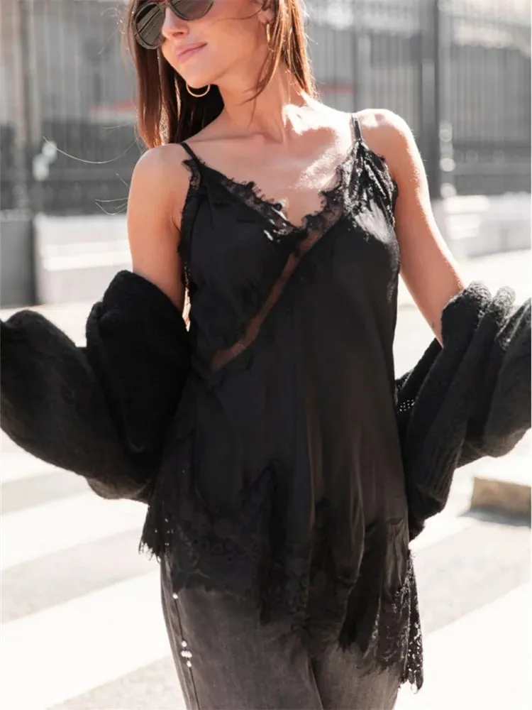 Women Coquette Satin Lace Cami Tops y2k Silky Lace Trim Patchwork Spaghetti Strap Low Cut Asymmetrical Camisole Sexy Slip Tanks — image 3