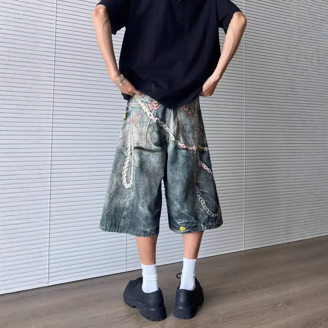 3D Print Baggy Jeans Shorts Men Streetwear Candy Chain Patchwork Summer Wide Leg Casual Loose Knee Length Pants Oversized — image 5