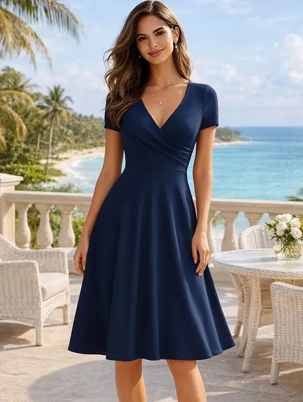 Women's Elegant Round Neck Summer Short Sleeve Solid A-Line Knee-length Dress High Waist Swagger Party Wedding Casual Departure — image 10