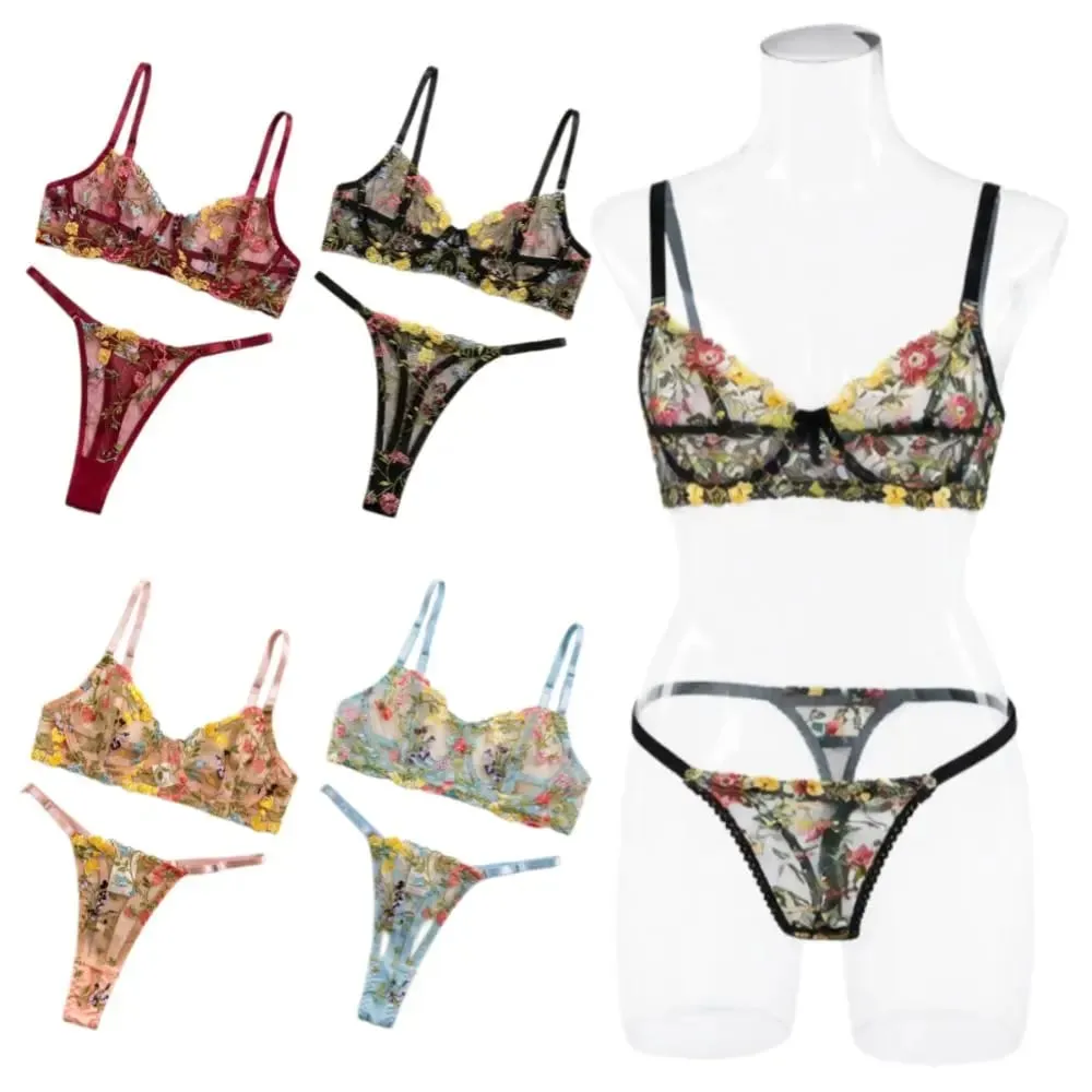 Ensemble de lingerie florale bohémien 2 pièces, sous-vêtements polyvalents brodés, intimes à armatures, soutien-gorge transparent, culotte, ensemble pour dames et filles — image 5