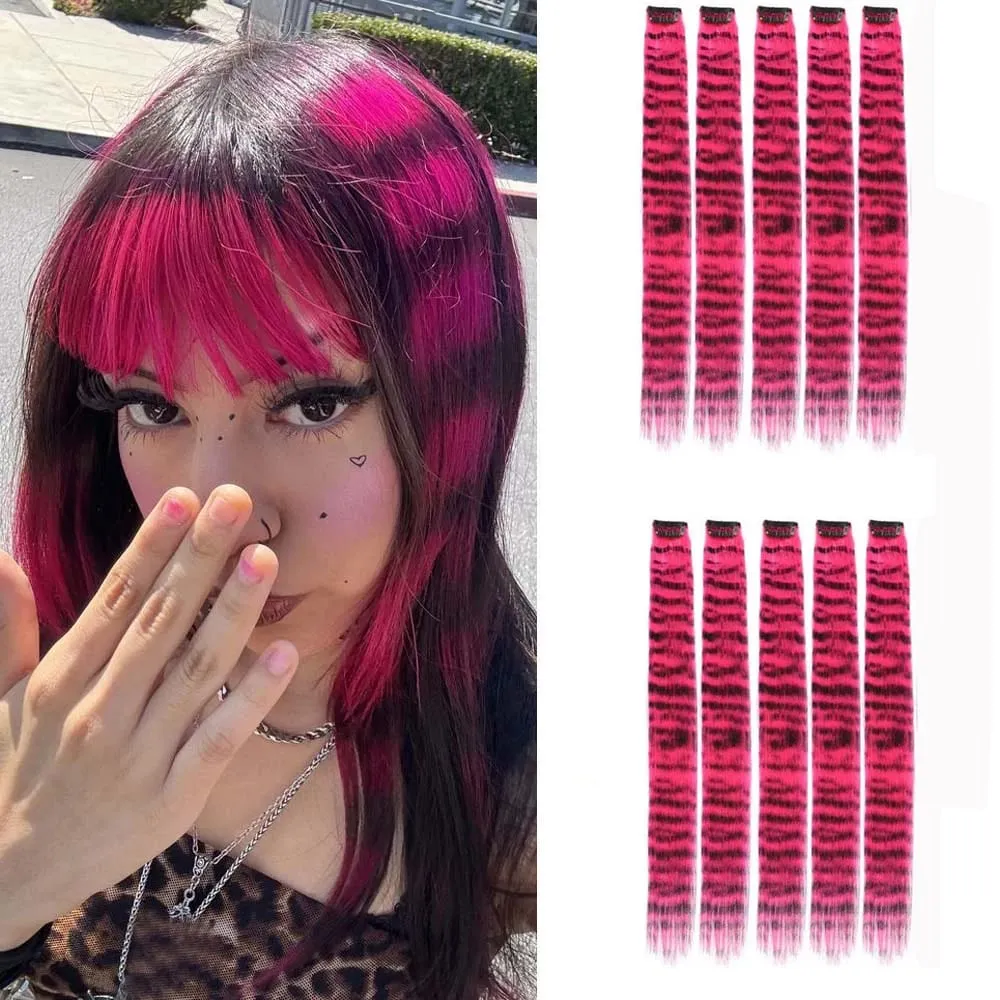 10pcs/set Stripe Printed Hair Colorful Long Straight Hair Pieces Synthetic Clip-in Hair Extensions for Daily Use Party Christmas — image 19