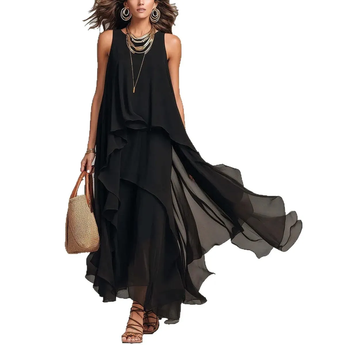 2026 new black sleeveless irregular chiffon long dress with elegant temperament for women — image 5