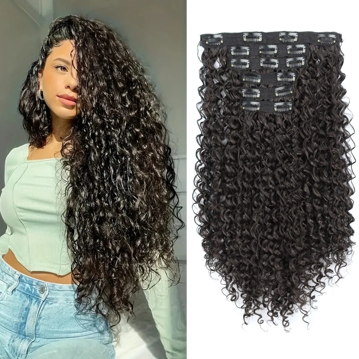 16 Clip In Hair Extensions Synthetic Kinky Curly Full Head Fake Pieces Brown Black Hair Extensions Suitable For Black Women — image 7