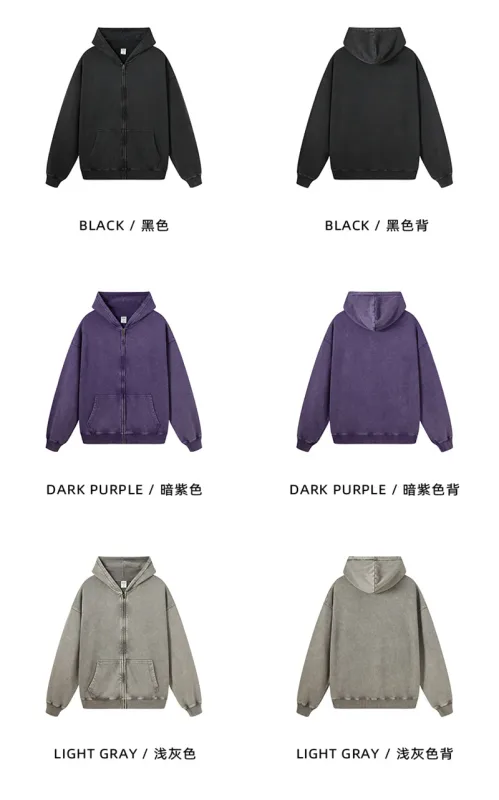 Retro Autumn Batik Washed Zipper Hoodie For Men Unisex Oversized Distressed 420gsm Terry 100% Cotton Hooded Coats HY0936 — image 10