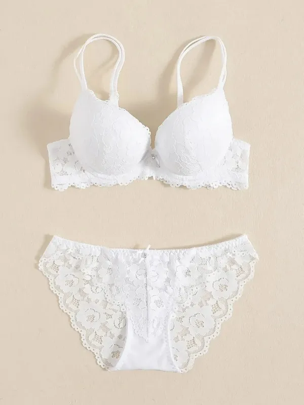 1 Set Elegant Lace Embroidery & Breathable Fabric Lingerie Set: Push-Up Bra Drop Waist Sheer Panty - Ultimate Valentine's Day
