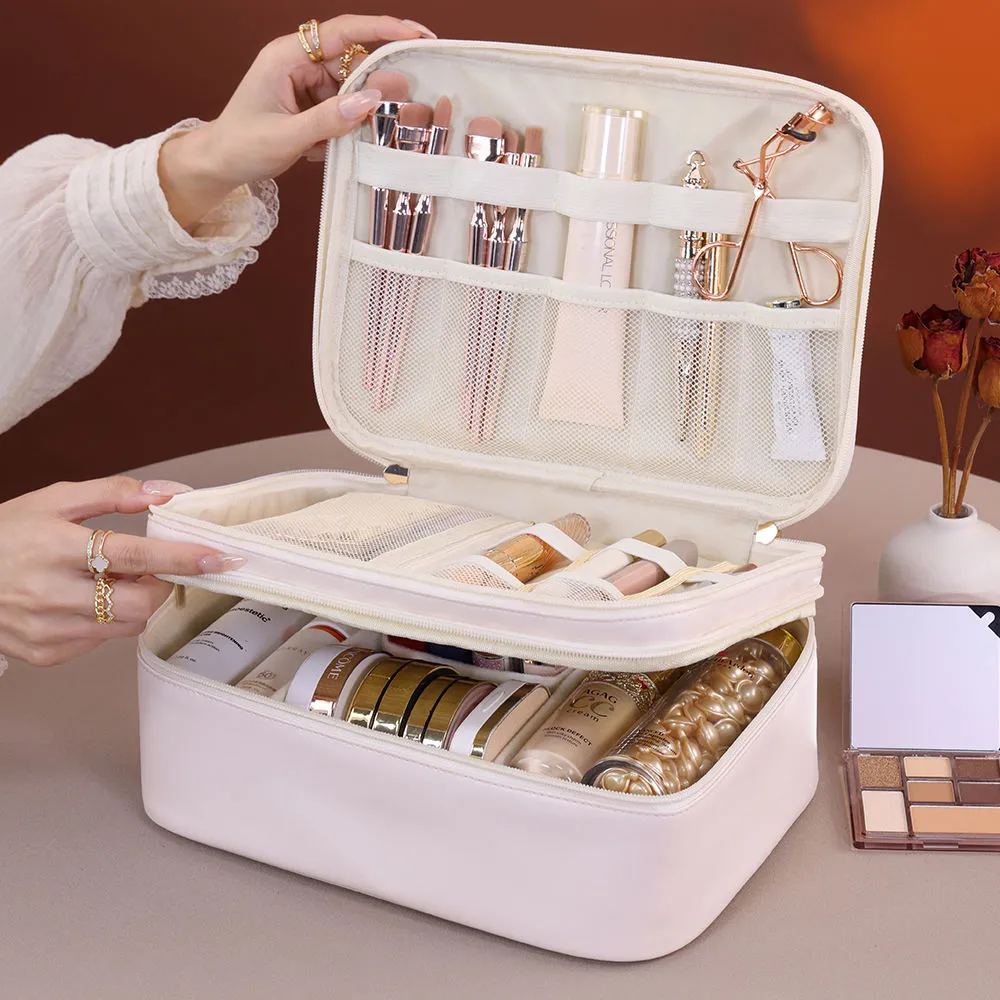 Multiple Compartments Large Capacity Cosmetic Organizer Case Portable Travel Toiletry Bag Double Layer Detachable Makeup Bag — image 2