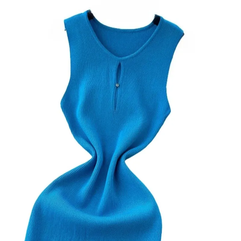 Women's Solid Summer Blue Pink Midi Dress Sleeveless Stretchy Knit Ribbed Keyhole Cutout Bodycon Sundress Party Vacation Dress — image 6