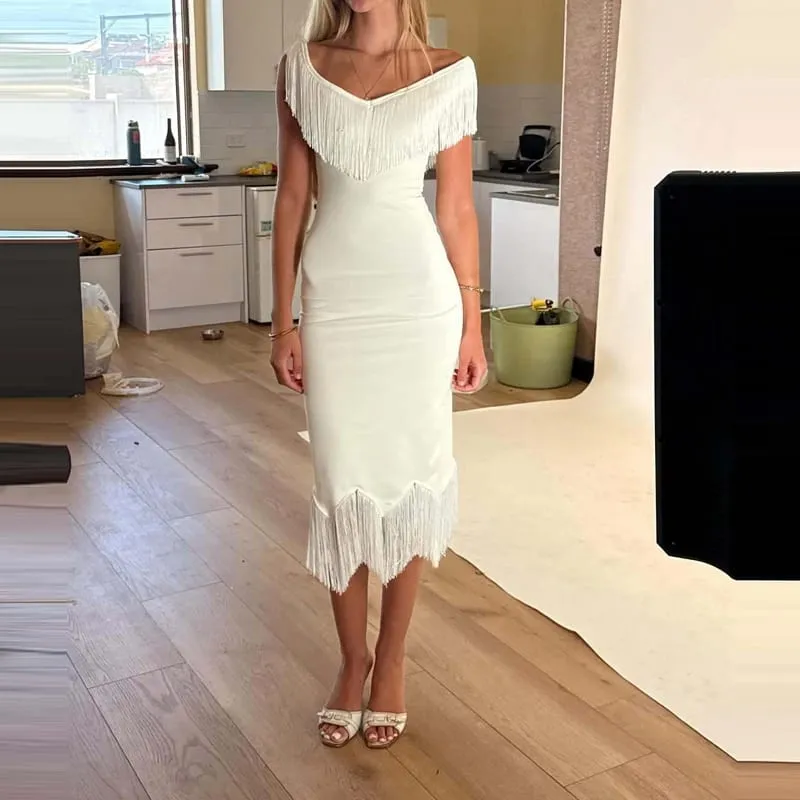 Elegant V-neck Irregular Hem Party Dress Women's Fashion Tassel Patchwork Slim Fit Gowns Casual Sleeveless Solid Evening Dresses — image 3
