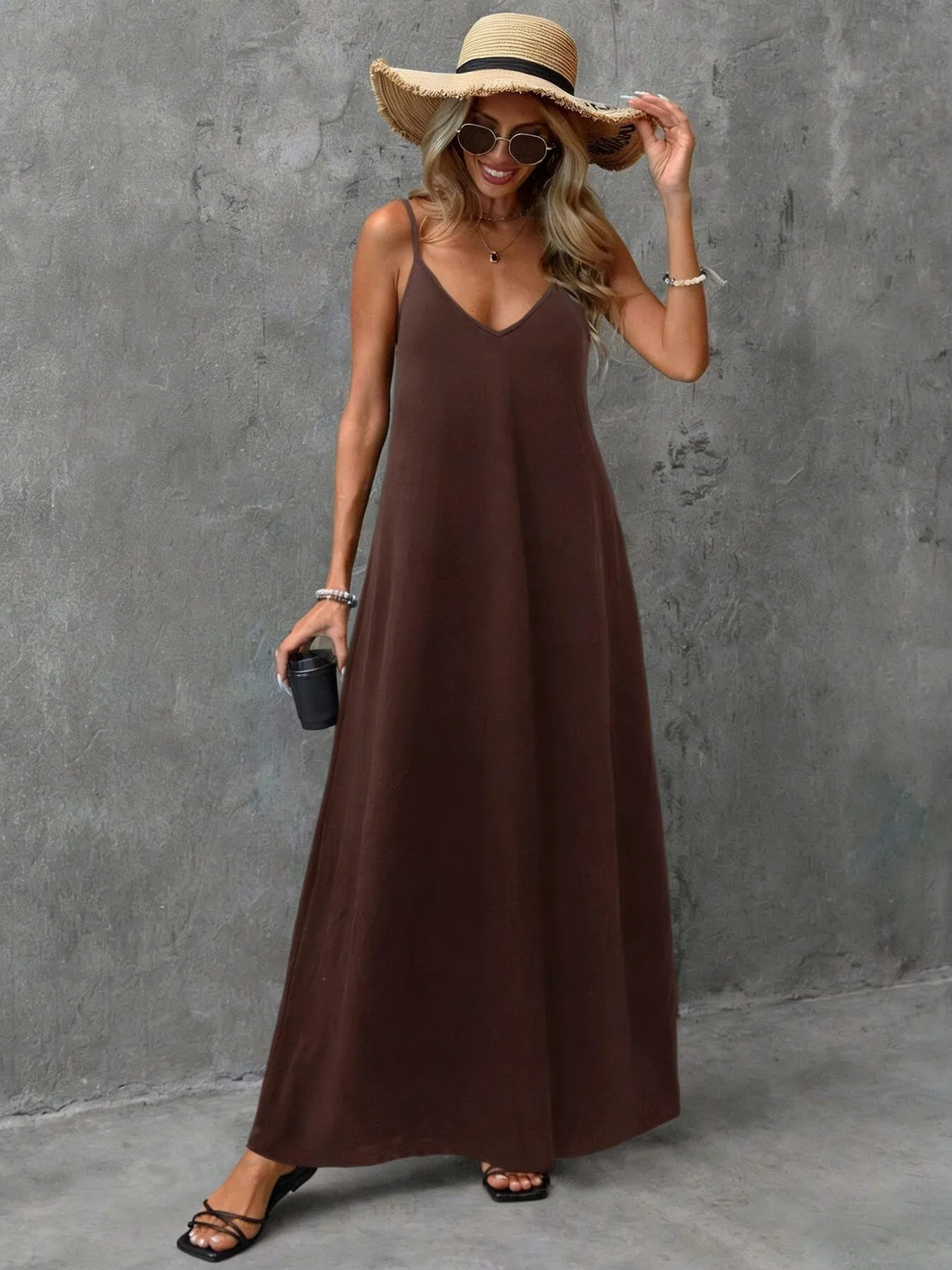2026 Casual and Elegant Solid Color Suspender V-Neck Sleeveless Loose and Comfortable Backless Dress Long Skirt — image 3
