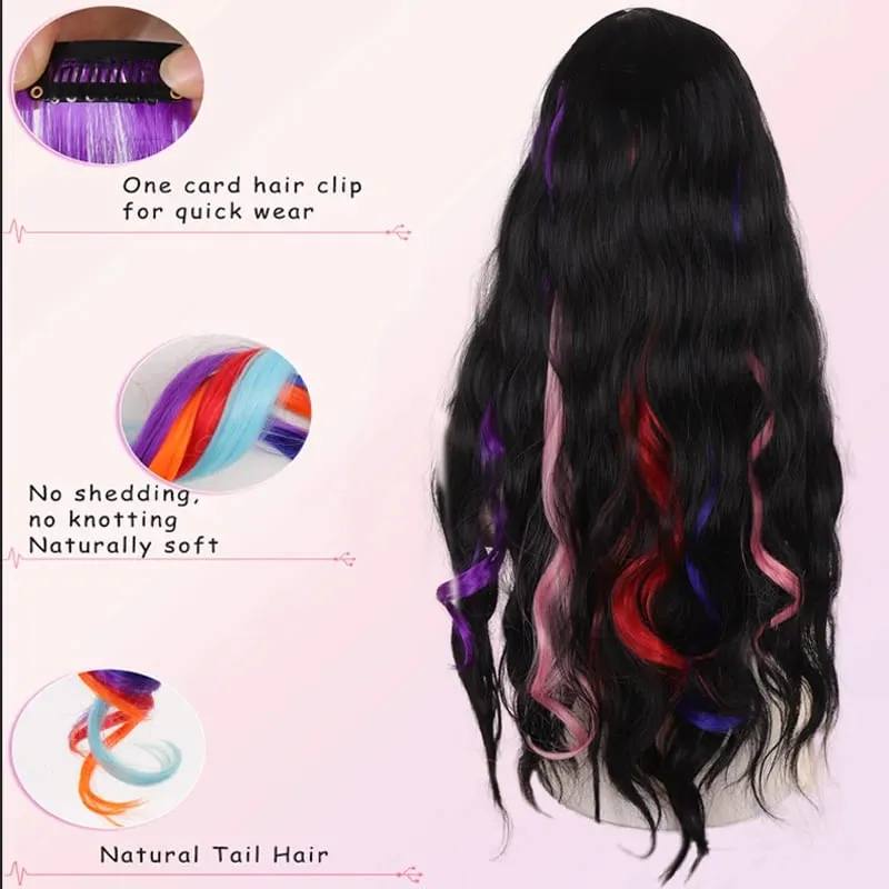 2PCS Rainbow Mixed Color Clip In Hair Extensions 20 Inch Curly Synthetic Hair for Girls Women Halloween Cosplay Party — image 4