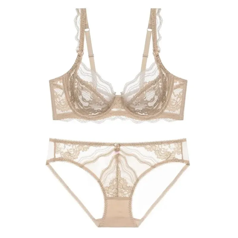 Plus Size Full Bust Minimizer Bra Set Sheer Floral Lace Thin Anti Sag Support Transparent Underwear Women Breathable Intimates — image 8