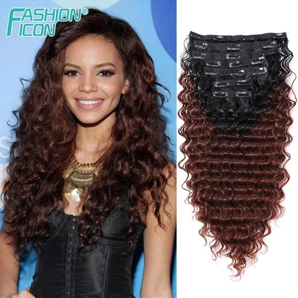 24 Inch Deep Wave Clip In Hair Extensions Synthetic Ombre 7Pc/140g Full Head Curly Hairpieces Heat Resistant Fake Hair for Women