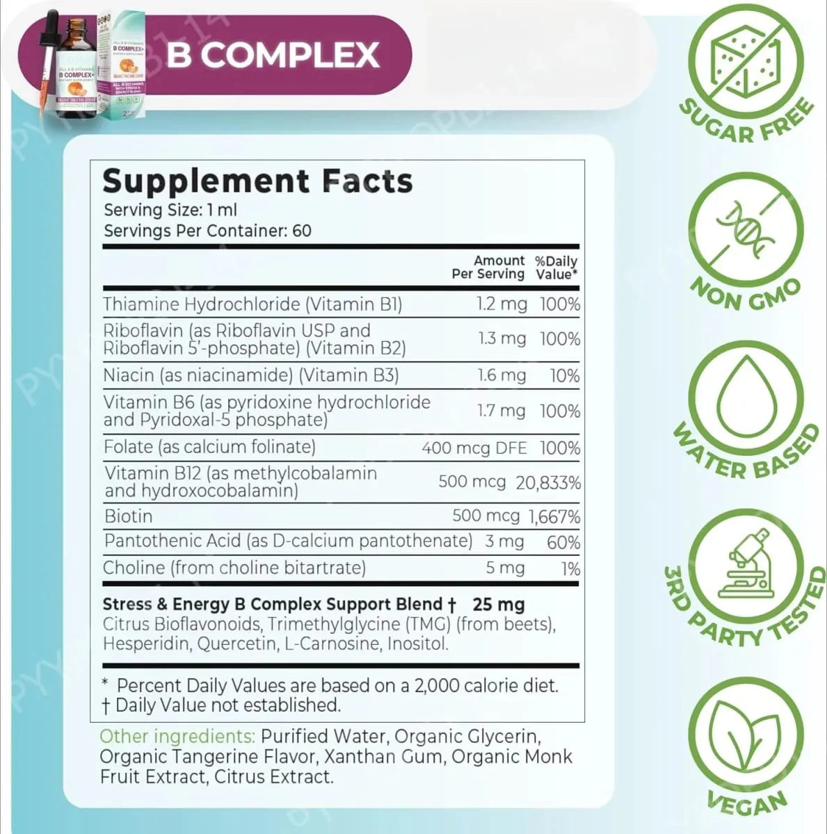 Vitamin B Complex Liquid Drops Supplement Vegan B1 B2 B3 B5 B6 Biotin Folate and Choline Plus Blend for Energy Support 60ml — image 3