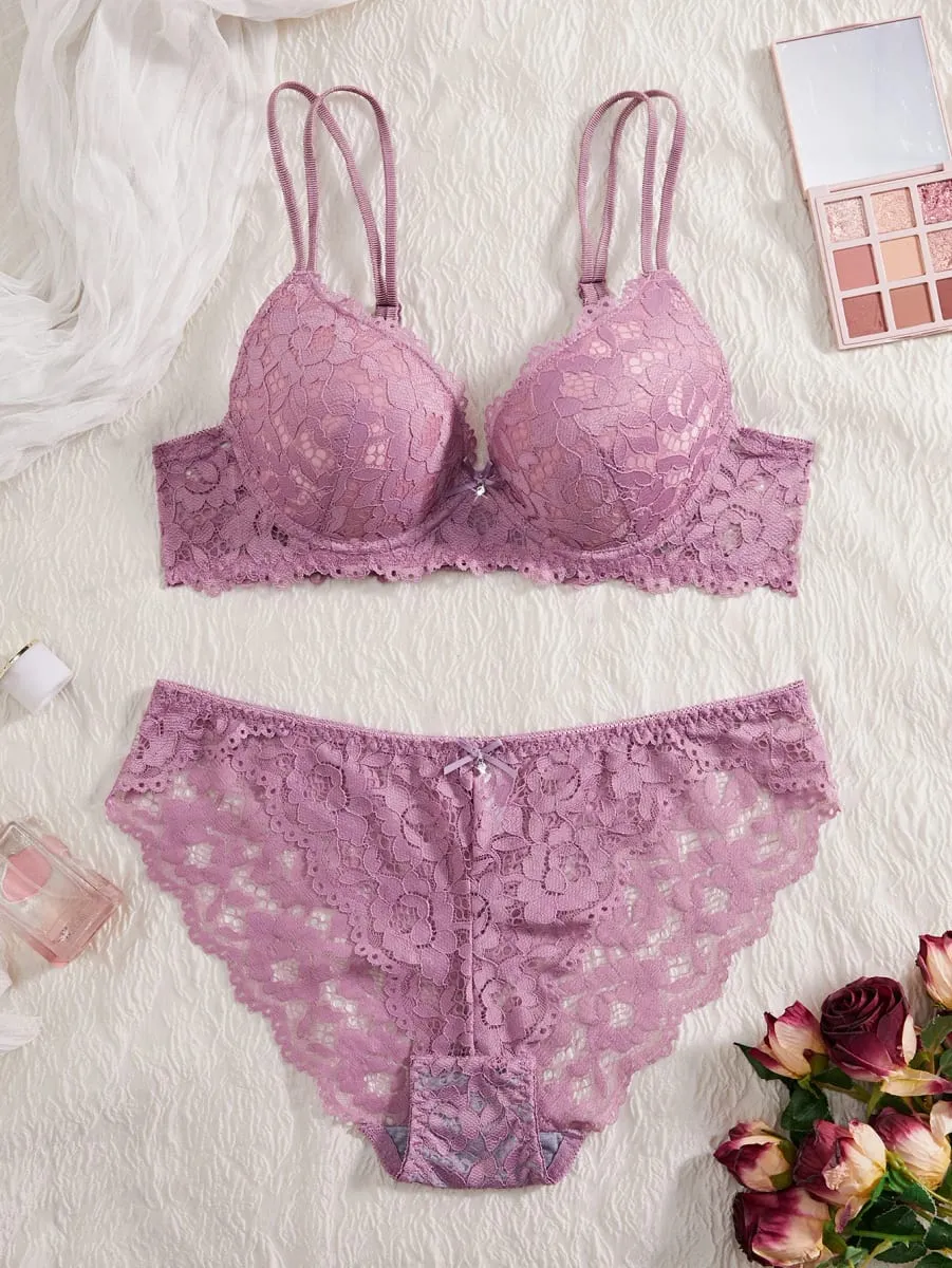 Women's Sexy Lingerie Set Lace Patchwork Solid Color Bowknot Rhinestone Embellished Push-Up Double Shoulder Strap Unlined Comfortable Underwear Lace Semi-Transparent Breathable Panties — image 3