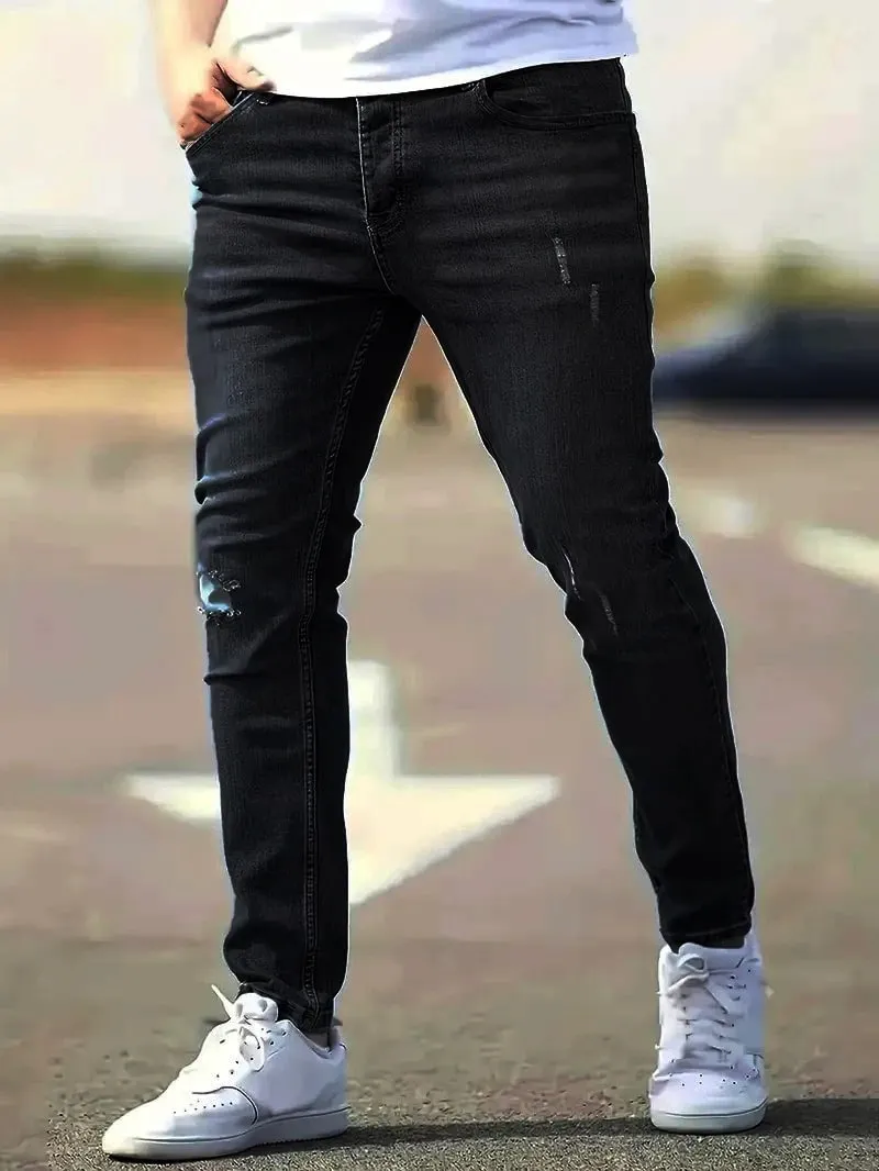 Men's American Retro Hole-Punched Stretch Slim Fit Jeans Zipper Casual Streetwear Denim Pants Classic Black Blue Skinny Trousers — image 2
