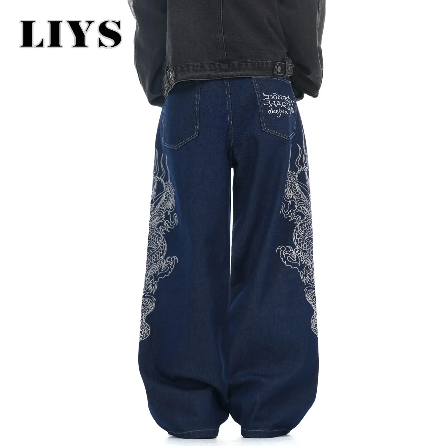 New Men's Blue Baggy Dragon Embroidered Wide Leg Jeans Spring Summer Classic Blue Baggy Washed Denim Pants Unisex Clothing — image 2
