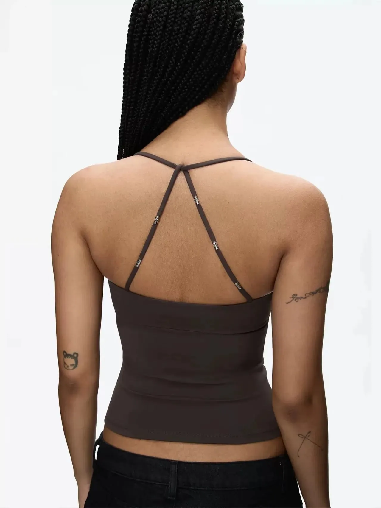 Tank Low-Cut Fitted Vest with Wrap-Around Shoulder Straps Embossed Beaded Stretch Knit Tank Top — image 3